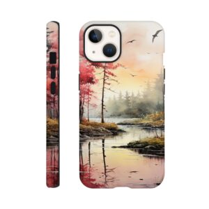 Red Lake Sunset – Watercolor Landscape Phone Case - Tough case, Apple - iPhone 13