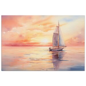 Beautiful Watercolor Sunset Sailboat Canvas Print - 60x90 cm / 24x36″, Slim