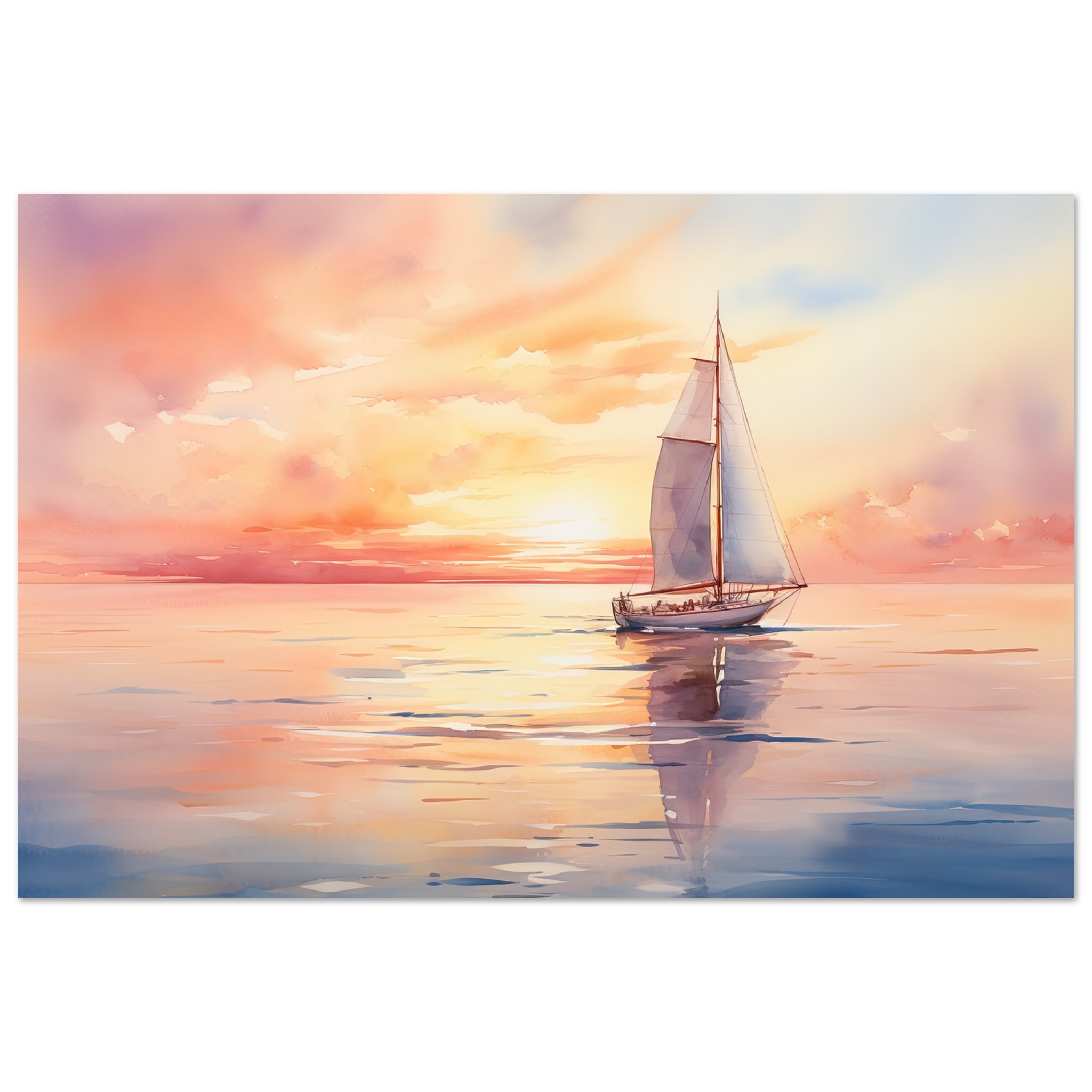 Beautiful Watercolor Sunset Sailboat Metal Print – 50×75 cm / 20×30″