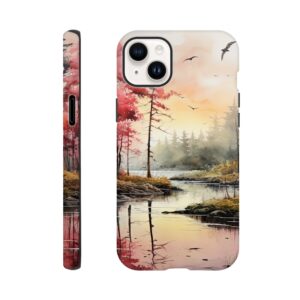 Red Lake Sunset – Watercolor Landscape Phone Case - Tough case, Apple - iPhone 14 Plus