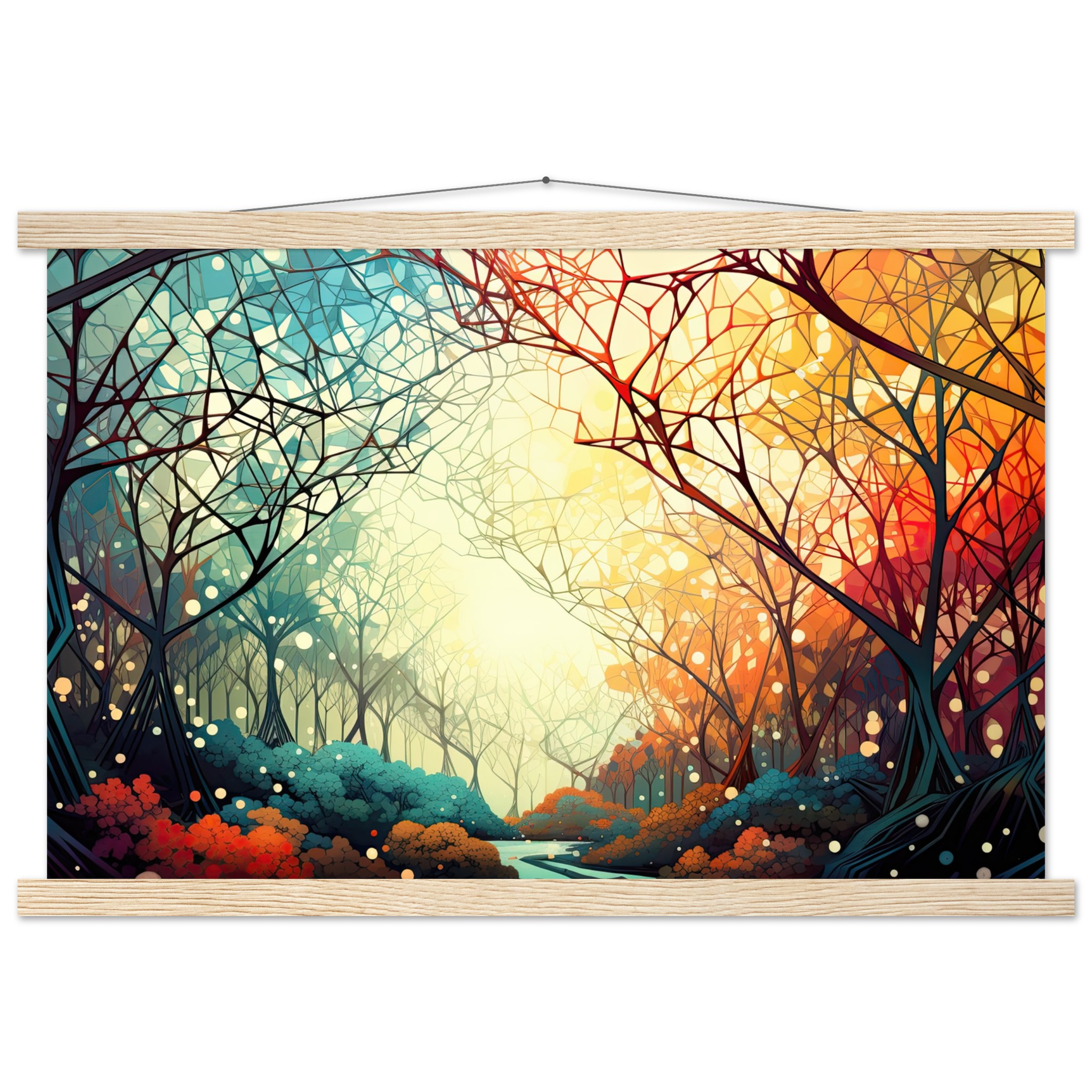 Forest Colorful Abstract Landscape Hanging Print – 40×60 cm / 16×24″, Natural wood wall hanger