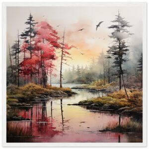 Red Lake Sunset – Watercolor Landscape Framed Print