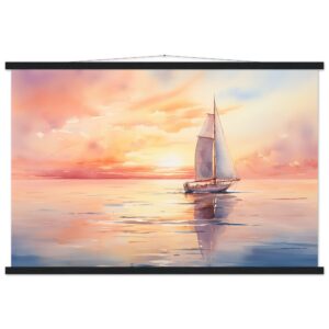 Beautiful Watercolor Sunset Sailboat Hanging Print - 60x90 cm / 24x36″, Black wall hanger