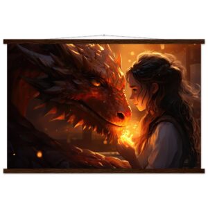 Magical Friendship - Girl and Dragon - Hanging Print - 60x90 cm / 24x36″, Dark wood wall hanger