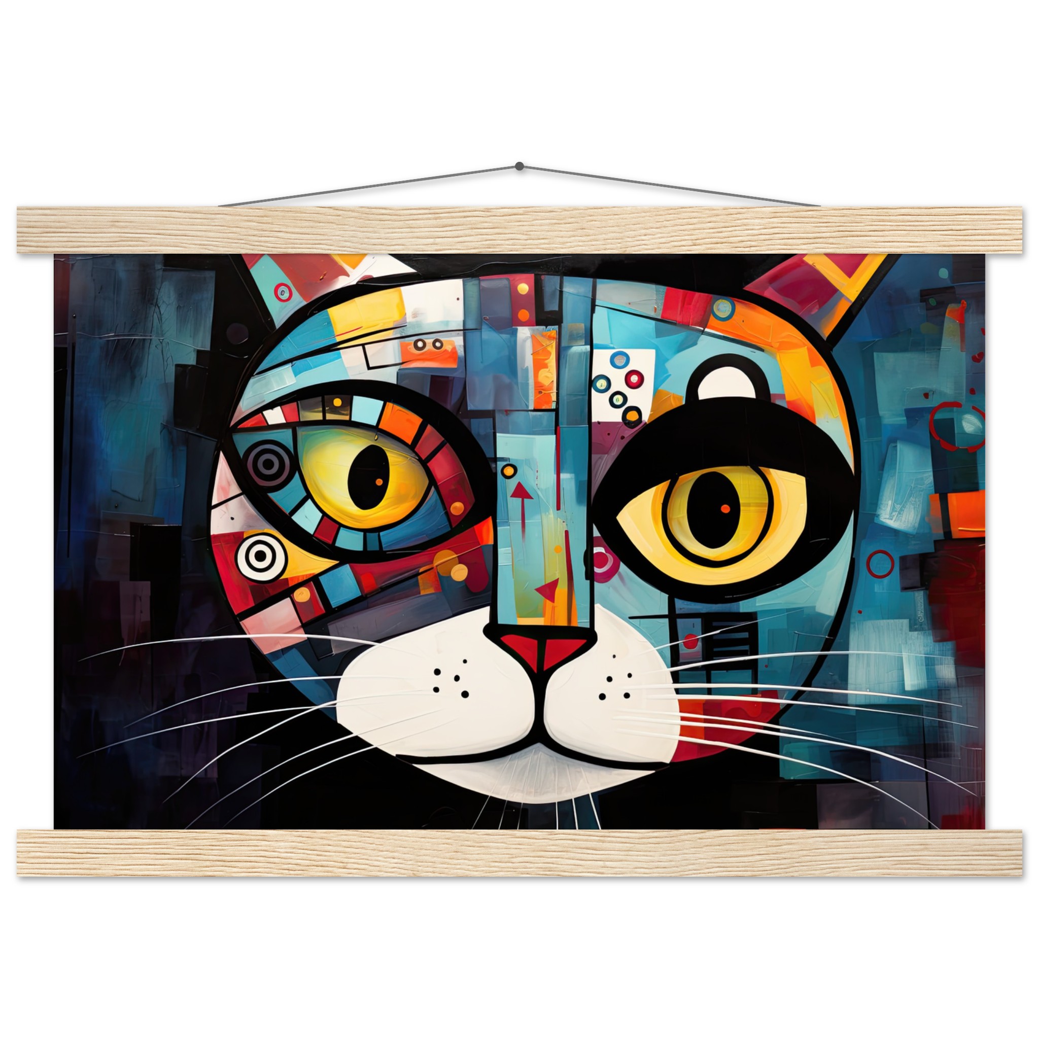 Abstract Painted Cat Face Hanging Print – 30×45 cm / 12×18″, Natural wood wall hanger