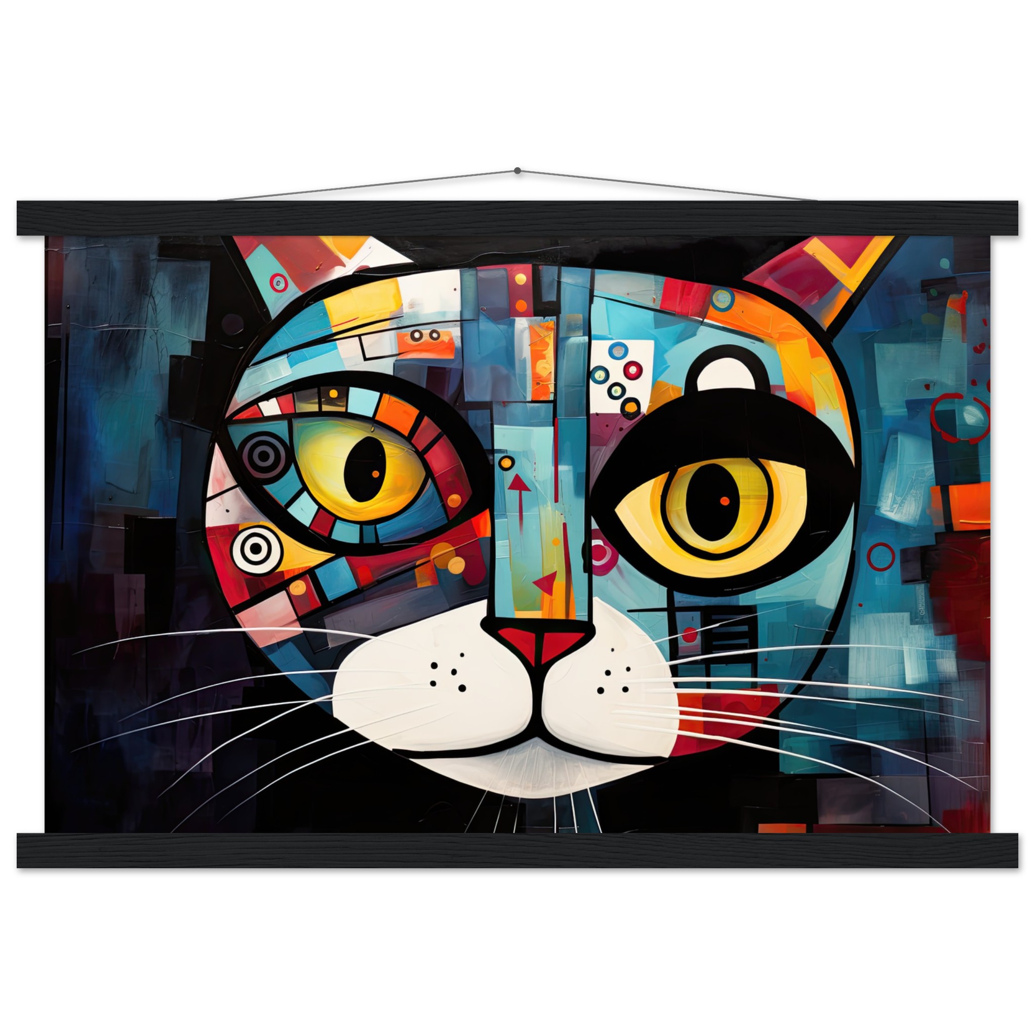 Abstract Painted Cat Face Hanging Print – 40×60 cm / 16×24″, Black wall hanger