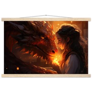 Magical Friendship - Girl and Dragon - Hanging Print - 40x60 cm / 16x24″, Natural wood wall hanger