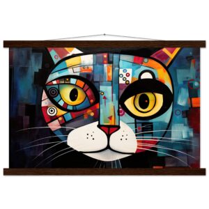 Abstract Painted Cat Face Hanging Print - 40x60 cm / 16x24″, Dark wood wall hanger