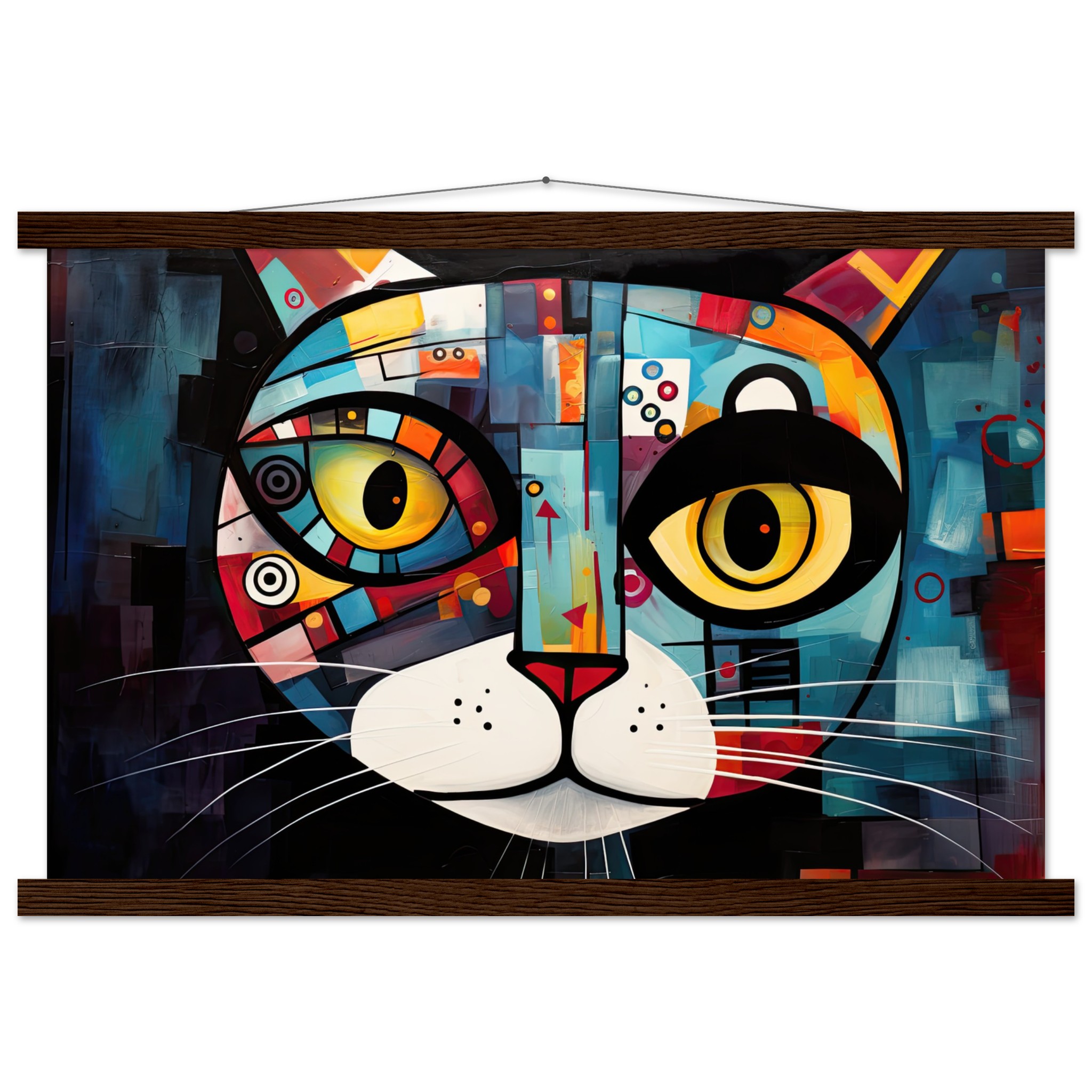 Abstract Painted Cat Face Hanging Print – 40×60 cm / 16×24″, Dark wood wall hanger