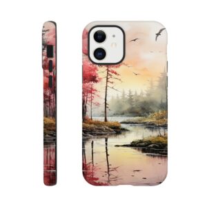 Red Lake Sunset – Watercolor Landscape Phone Case - Tough case, Apple - iPhone 12
