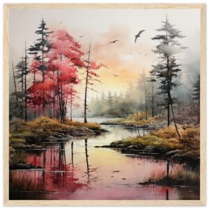 Red Lake Sunset – Watercolor Landscape Framed Print