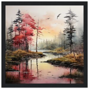 Red Lake Sunset – Watercolor Landscape Framed Print