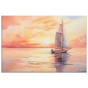 Beautiful Watercolor Sunset Sailboat Canvas Print - 30x45 cm / 12x18″, Slim