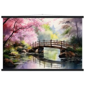 Cherry Blossom Bridge Watercolor Hanging Print - 60x90 cm / 24x36″, Black wall hanger