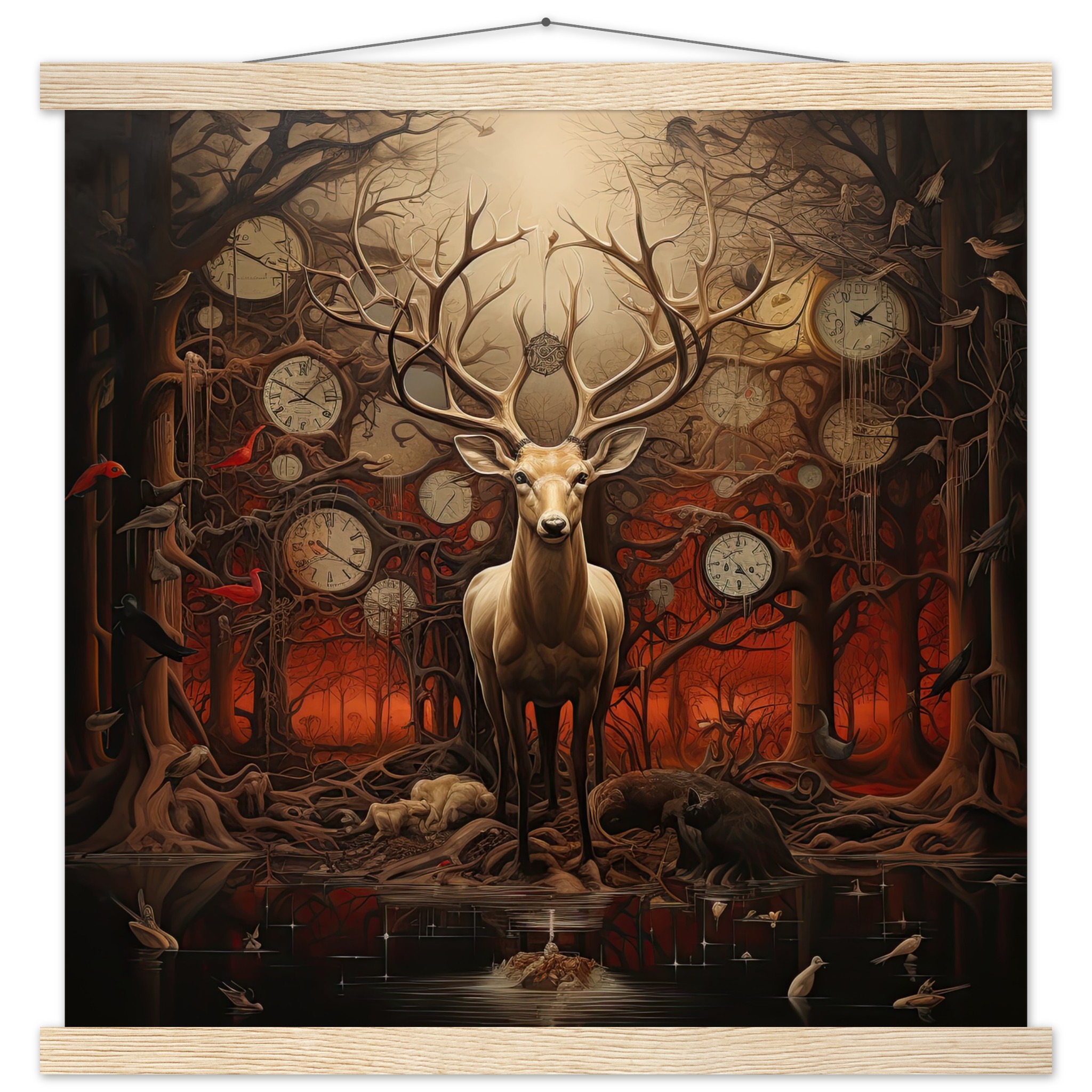 Forest Spirit God of Time Hanging Print - 45x45 cm / 18x18″, Natural wood wall hanger