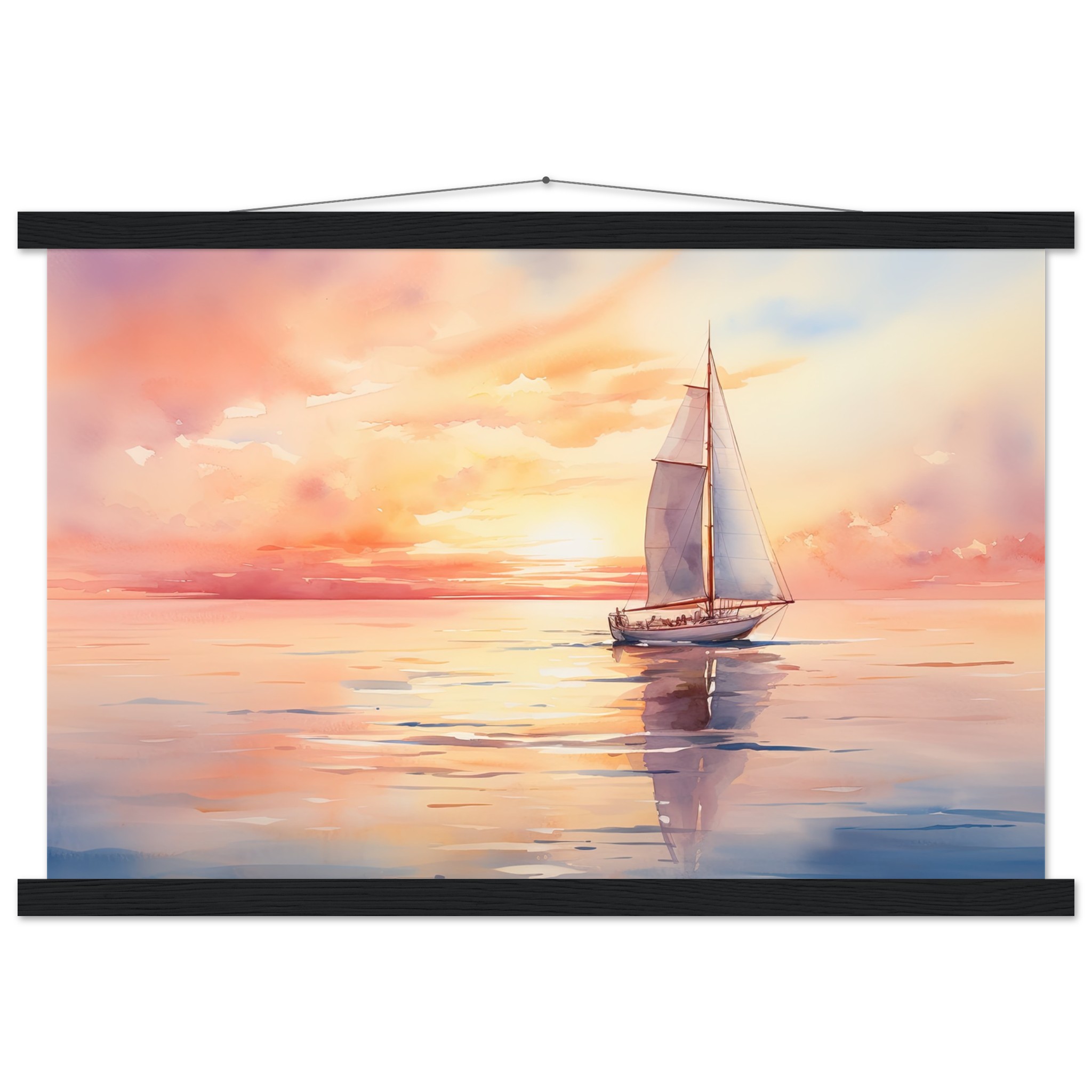 Beautiful Watercolor Sunset Sailboat Hanging Print – 40×60 cm / 16×24″, Black wall hanger