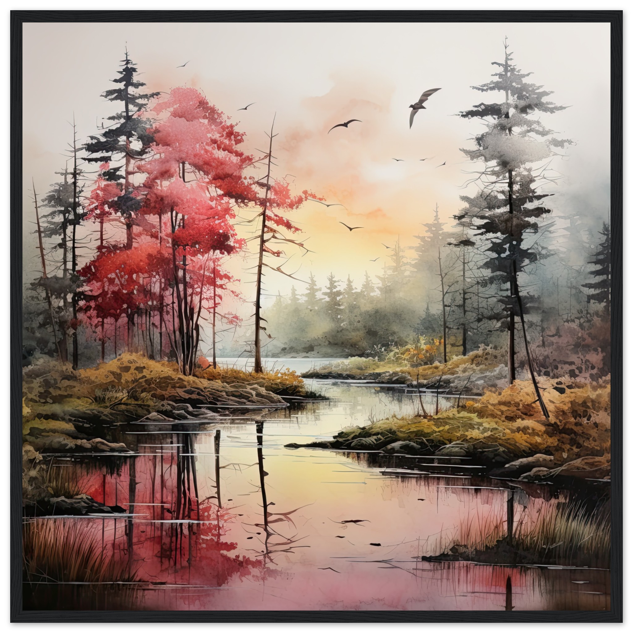 Red Lake Sunset – Watercolor Landscape Framed Print