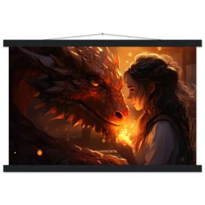 Magical Friendship - Girl and Dragon - Hanging Print - 40x60 cm / 16x24″, Black wall hanger