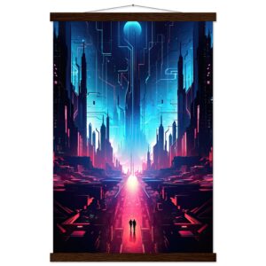 Digital Paradise Abstract Futuristic Hanging Print - 40x60 cm / 16x24″, Dark wood wall hanger