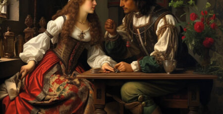 A renaissance style artwork showing the styles of the time, a portrait of two people.