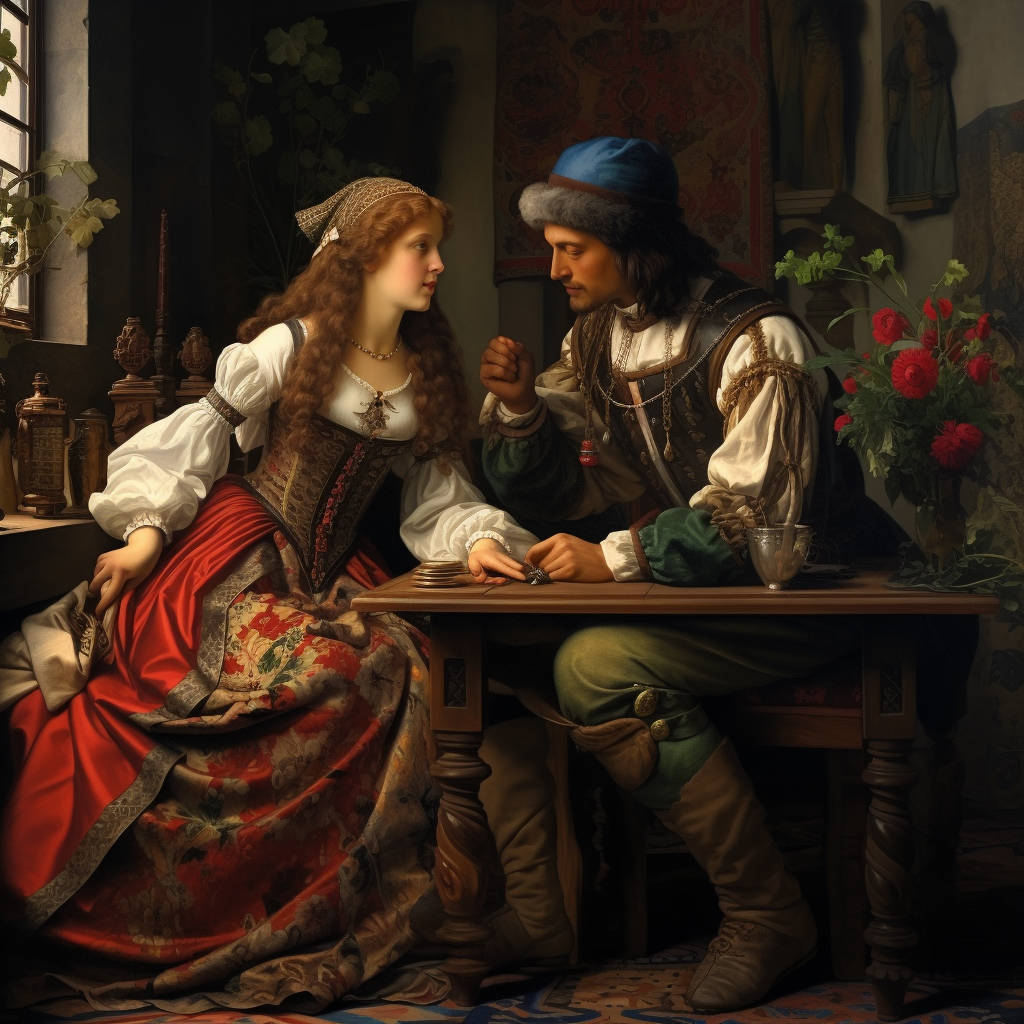 A renaissance style artwork showing the styles of the time, a portrait of two people.