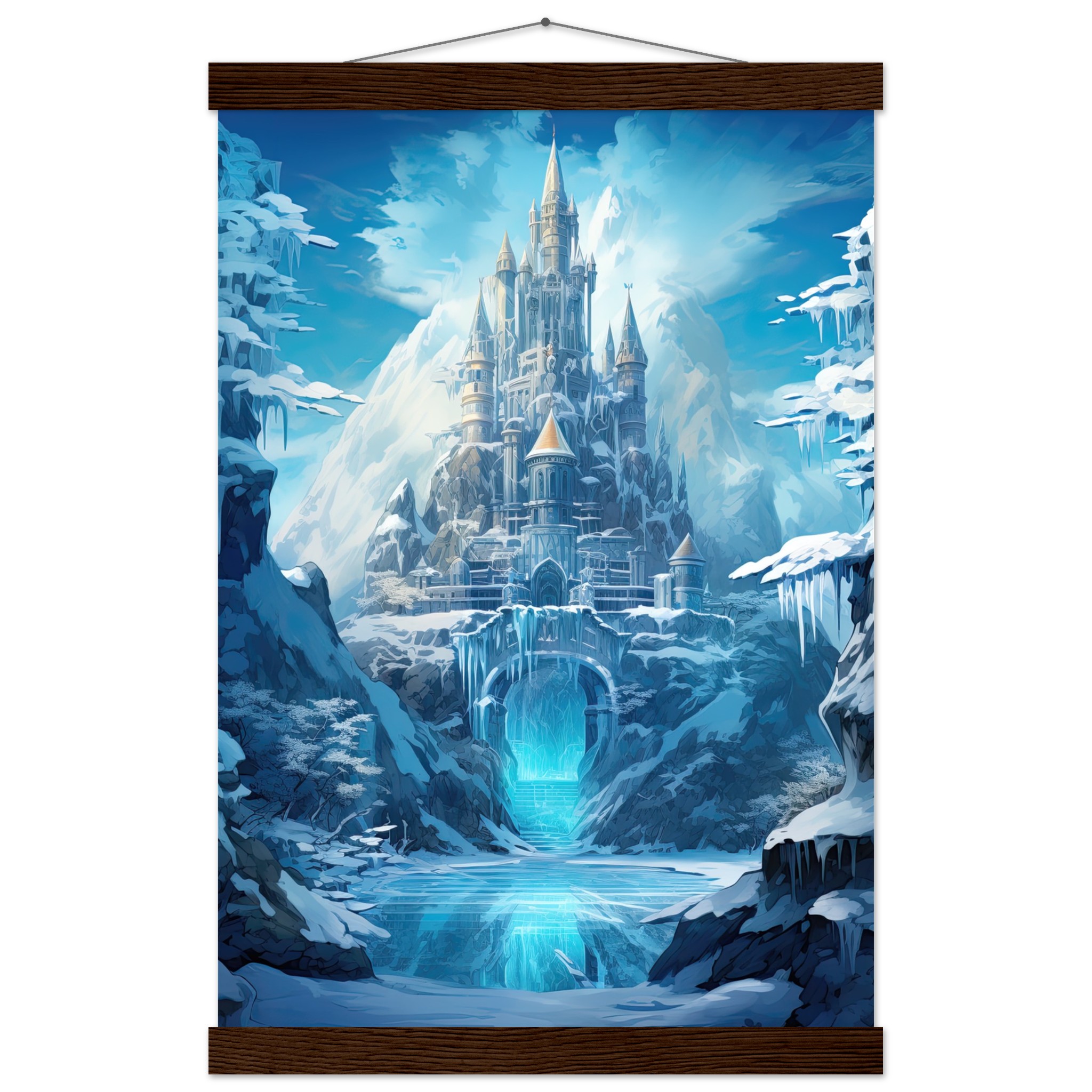 Frozen Icebound Castle Hanging Print – 30×45 cm / 12×18″, Dark wood wall hanger