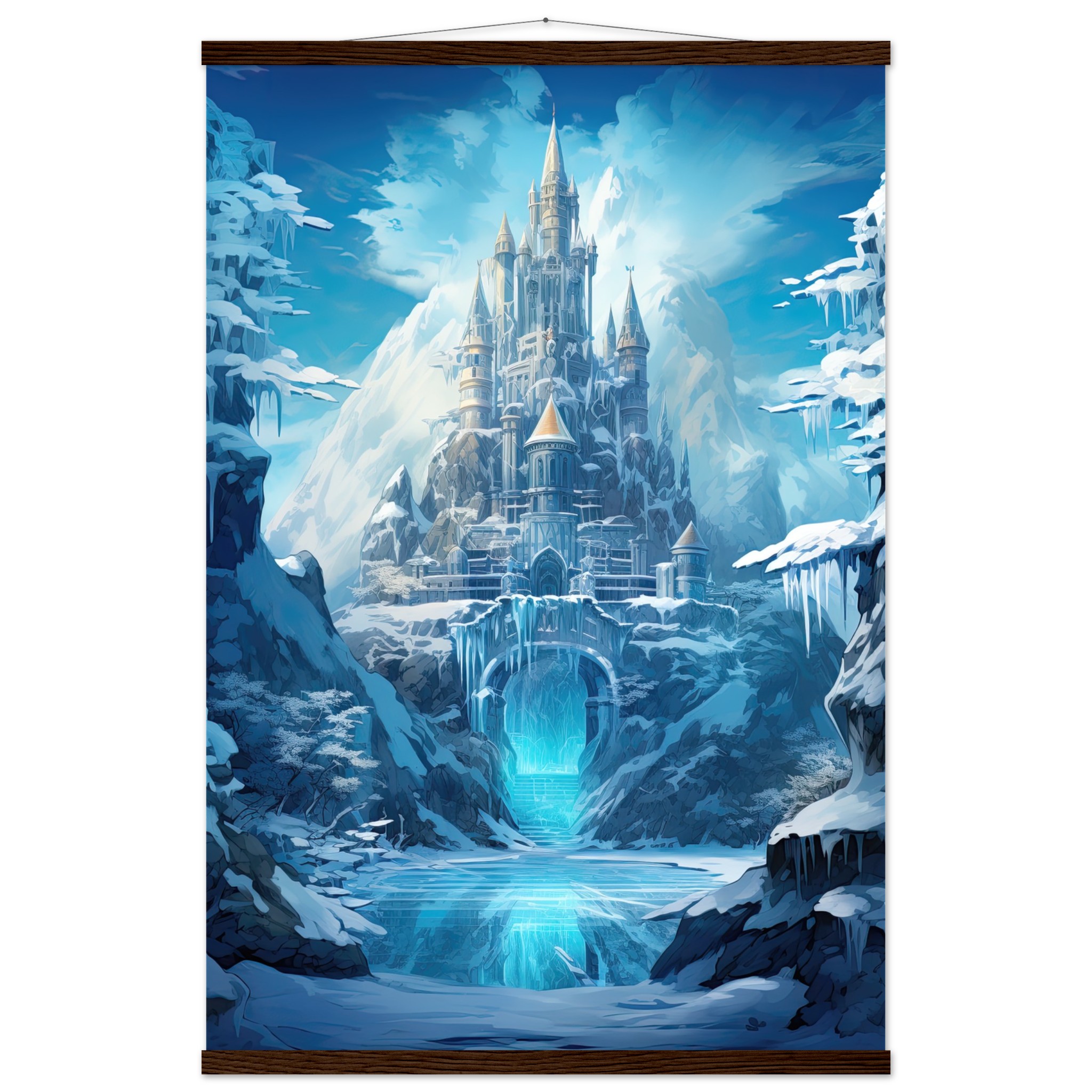 Frozen Icebound Castle Hanging Print – 60×90 cm / 24×36″, Dark wood wall hanger
