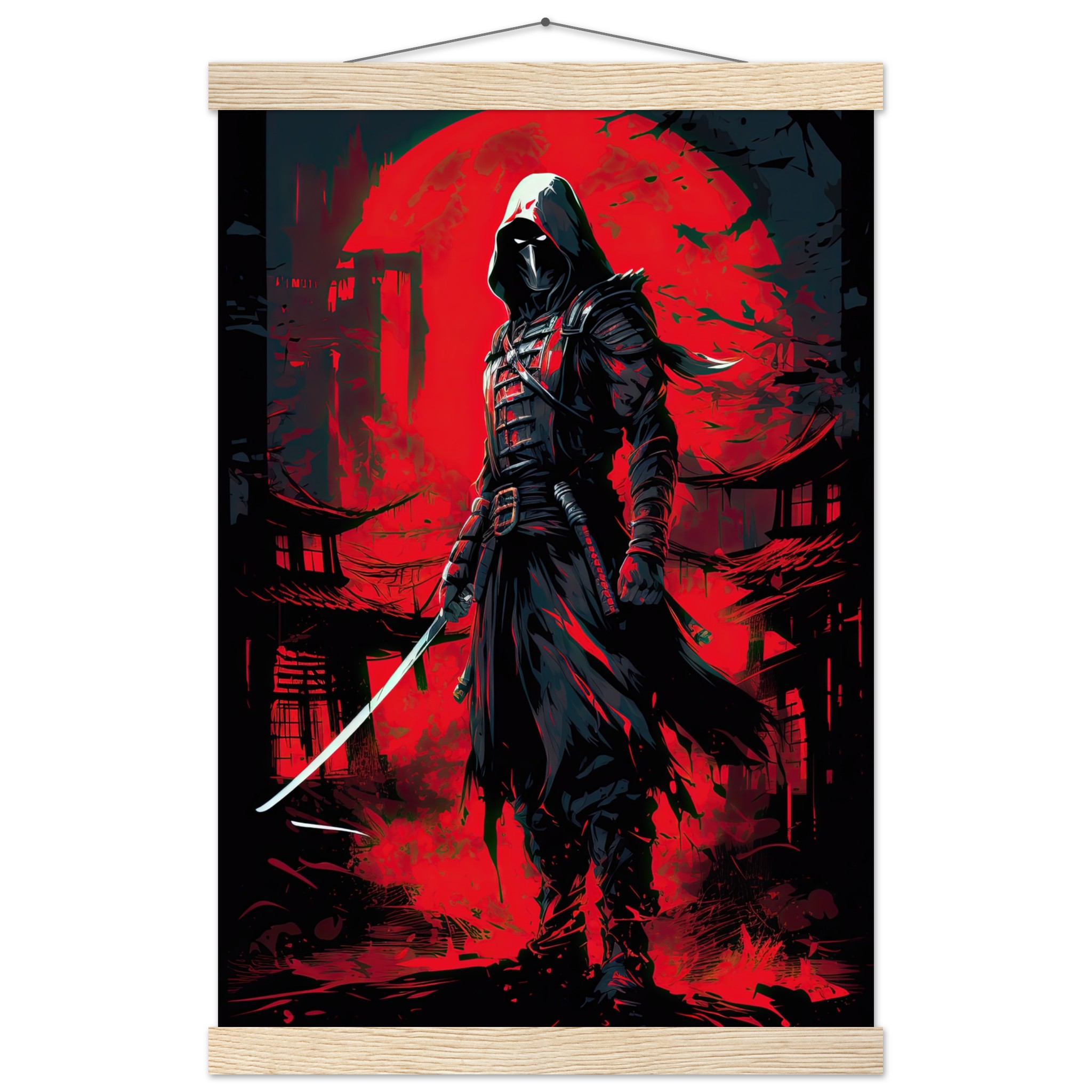 Stealthy Ninja Assassin Hanging Print – 30×45 cm / 12×18″, Natural wood wall hanger
