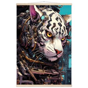 Cybernetic White Tiger Hanging Print - 60x90 cm / 24x36″, Natural wood wall hanger