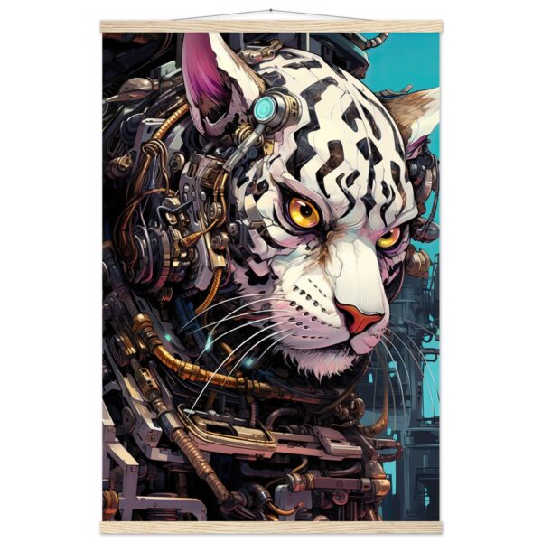 Cybernetic White Tiger Hanging Print - 60x90 cm / 24x36″, Natural wood wall hanger