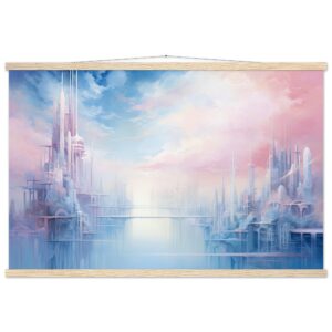 Pastel City in the Clouds Hanging Print - 60x90 cm / 24x36″, Natural wood wall hanger