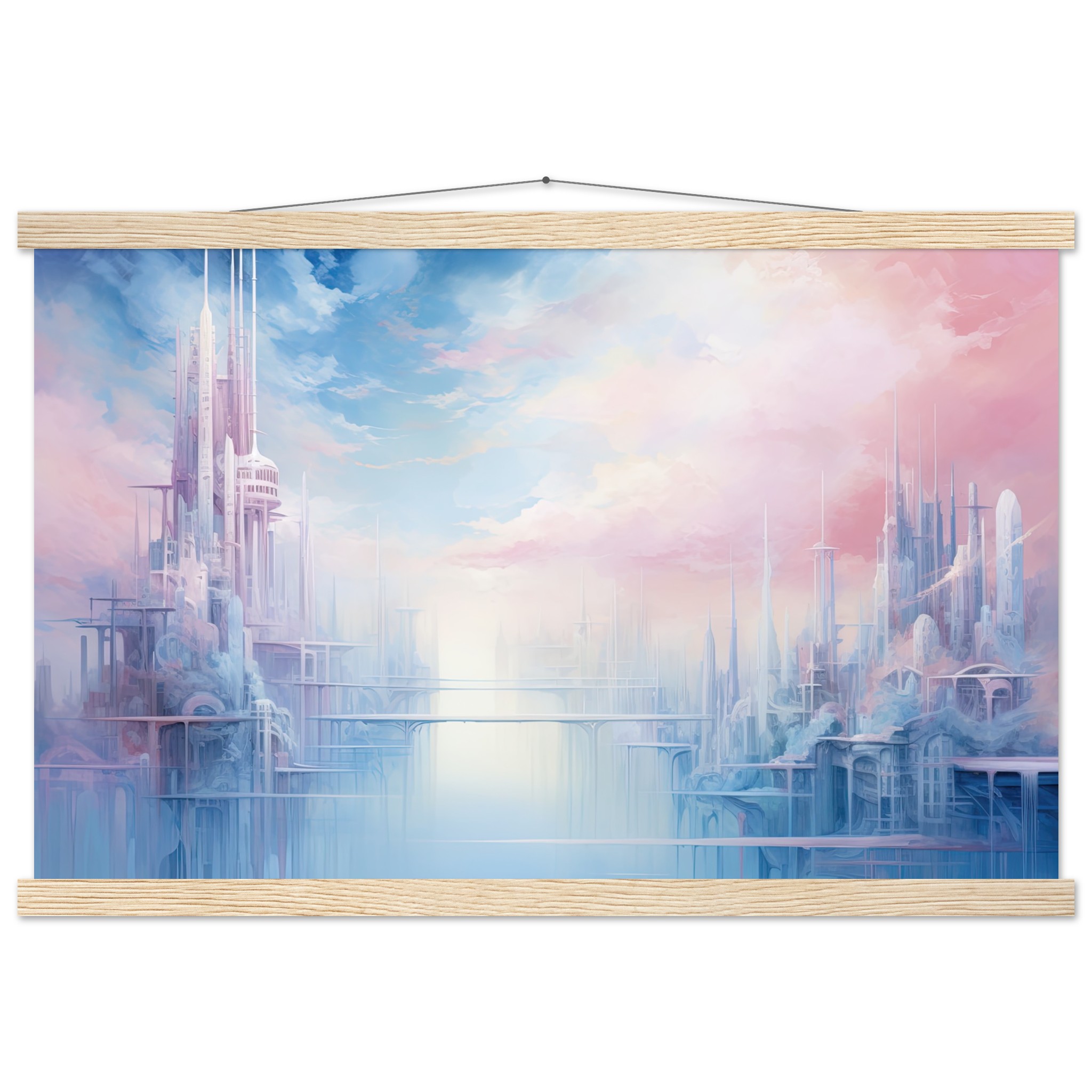 Pastel City in the Clouds Hanging Print – 40×60 cm / 16×24″, Natural wood wall hanger