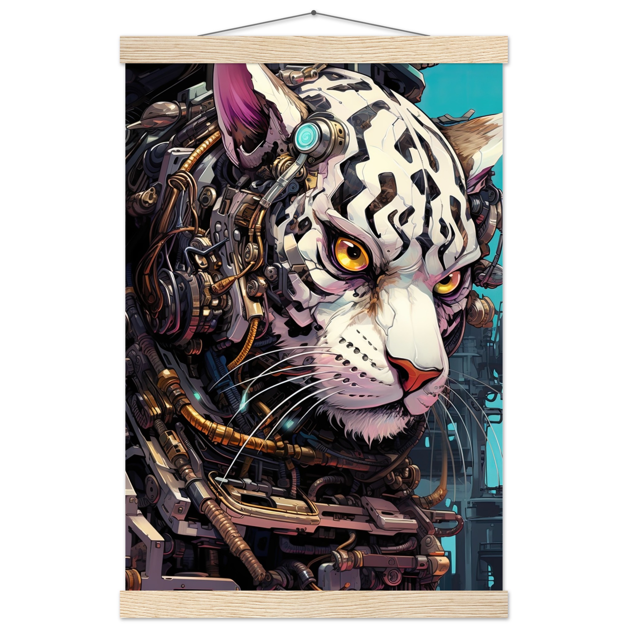 Cybernetic White Tiger Hanging Print – 30×45 cm / 12×18″, Natural wood wall hanger