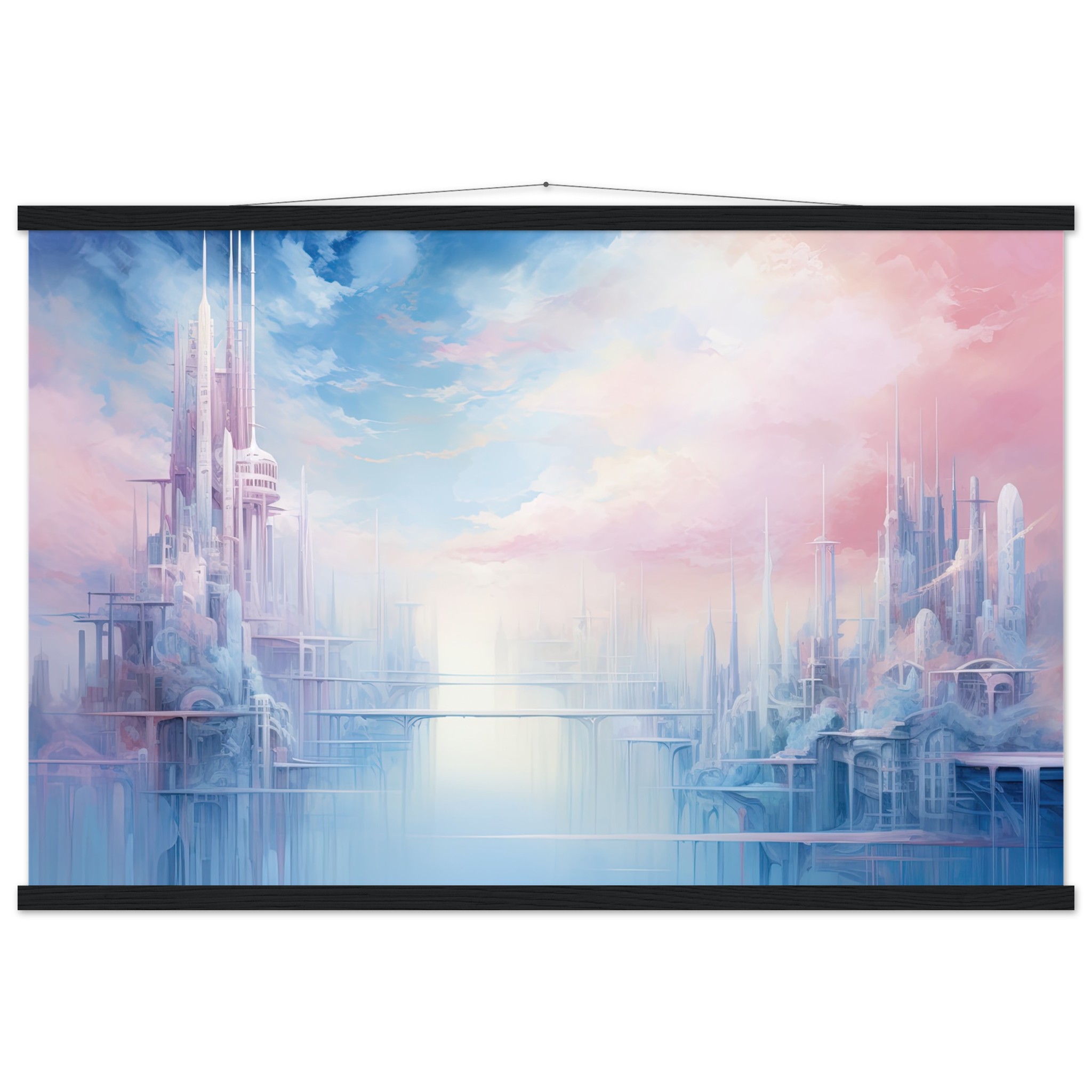 Pastel City in the Clouds Hanging Print – 60×90 cm / 24×36″, Black wall hanger