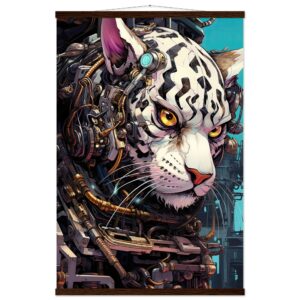 Cybernetic White Tiger Hanging Print - 60x90 cm / 24x36″, Dark wood wall hanger