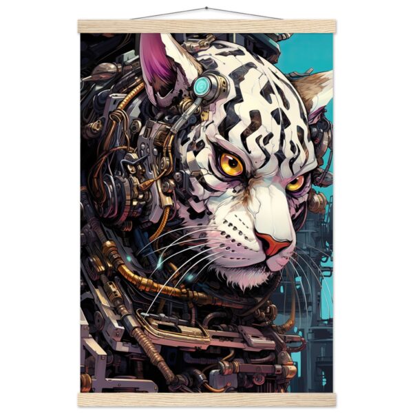 Cybernetic White Tiger Hanging Print - 40x60 cm / 16x24″, Natural wood wall hanger