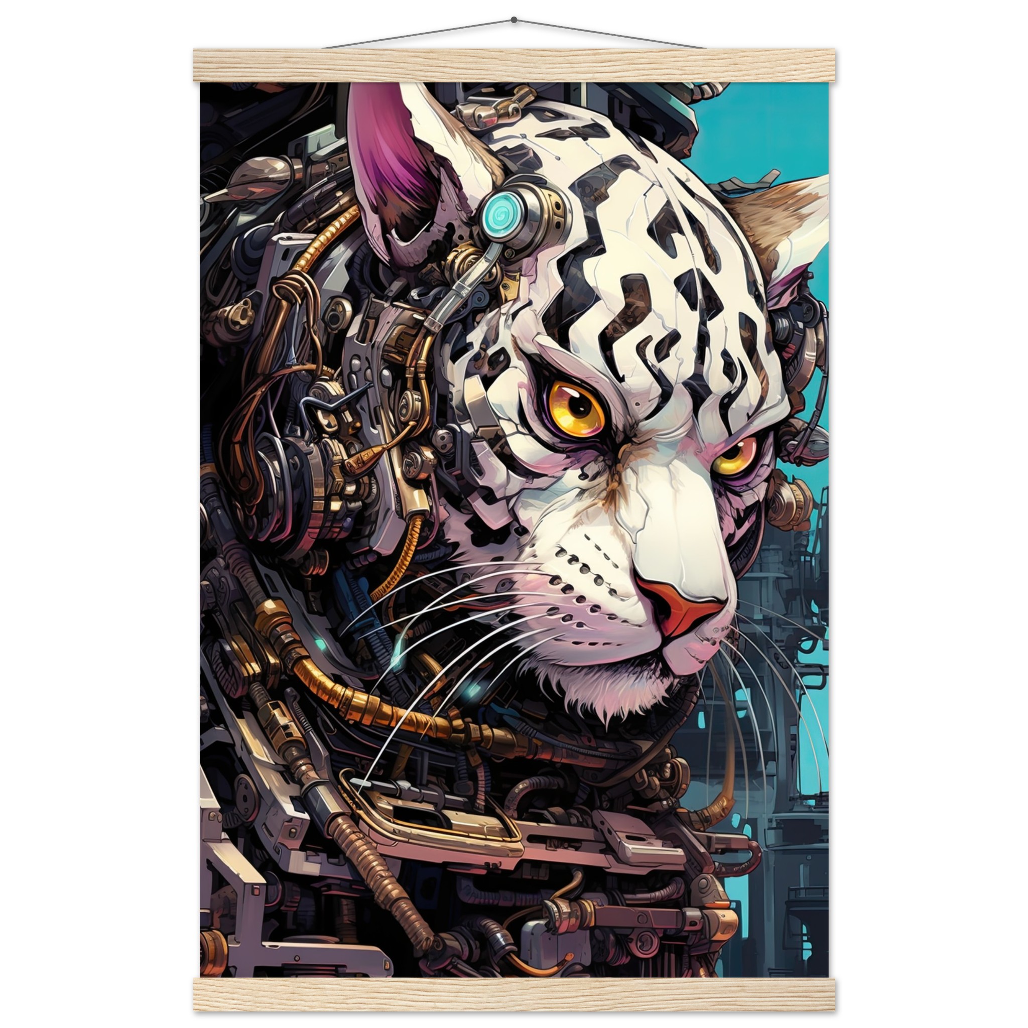 Cybernetic White Tiger Hanging Print – 40×60 cm / 16×24″, Natural wood wall hanger