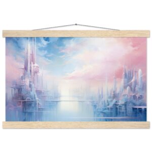Pastel City in the Clouds Hanging Print - 30x45 cm / 12x18″, Natural wood wall hanger