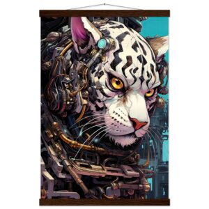 Cybernetic White Tiger Hanging Print - 40x60 cm / 16x24″, Dark wood wall hanger