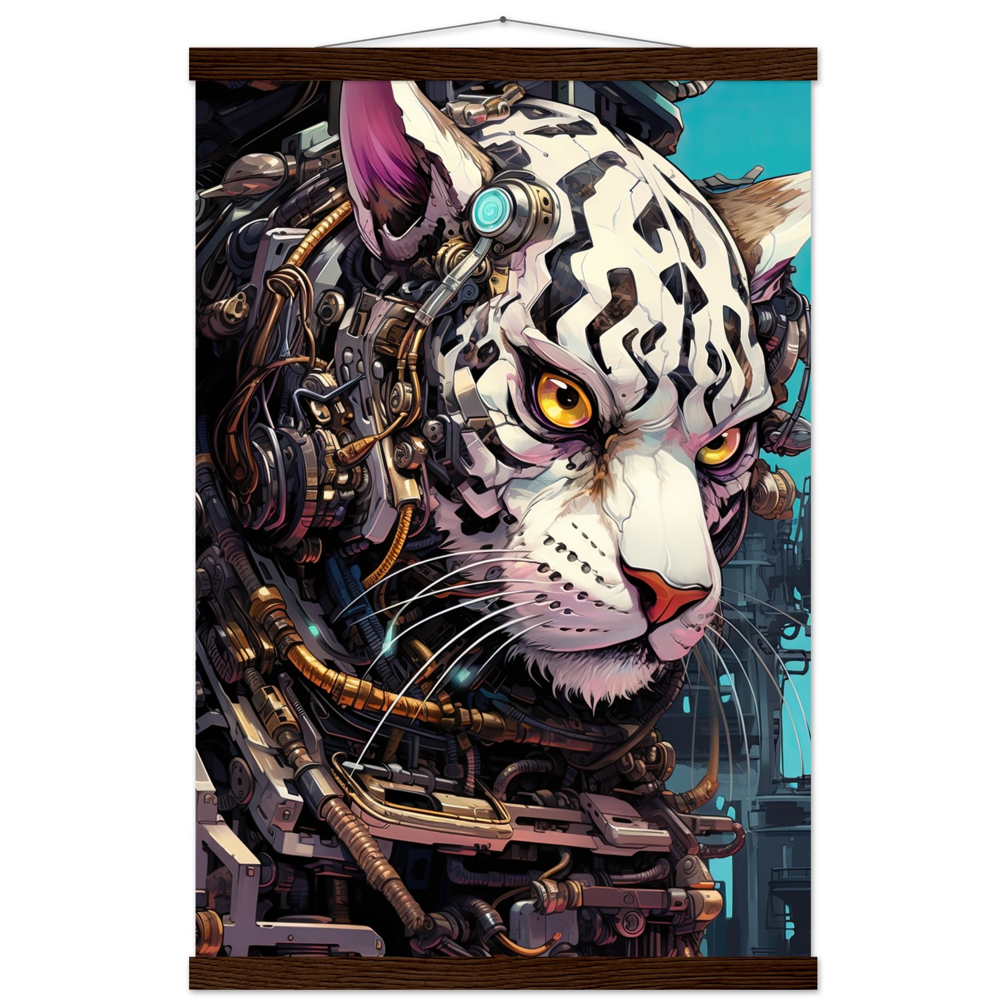 Cybernetic White Tiger Hanging Print – 40×60 cm / 16×24″, Dark wood wall hanger