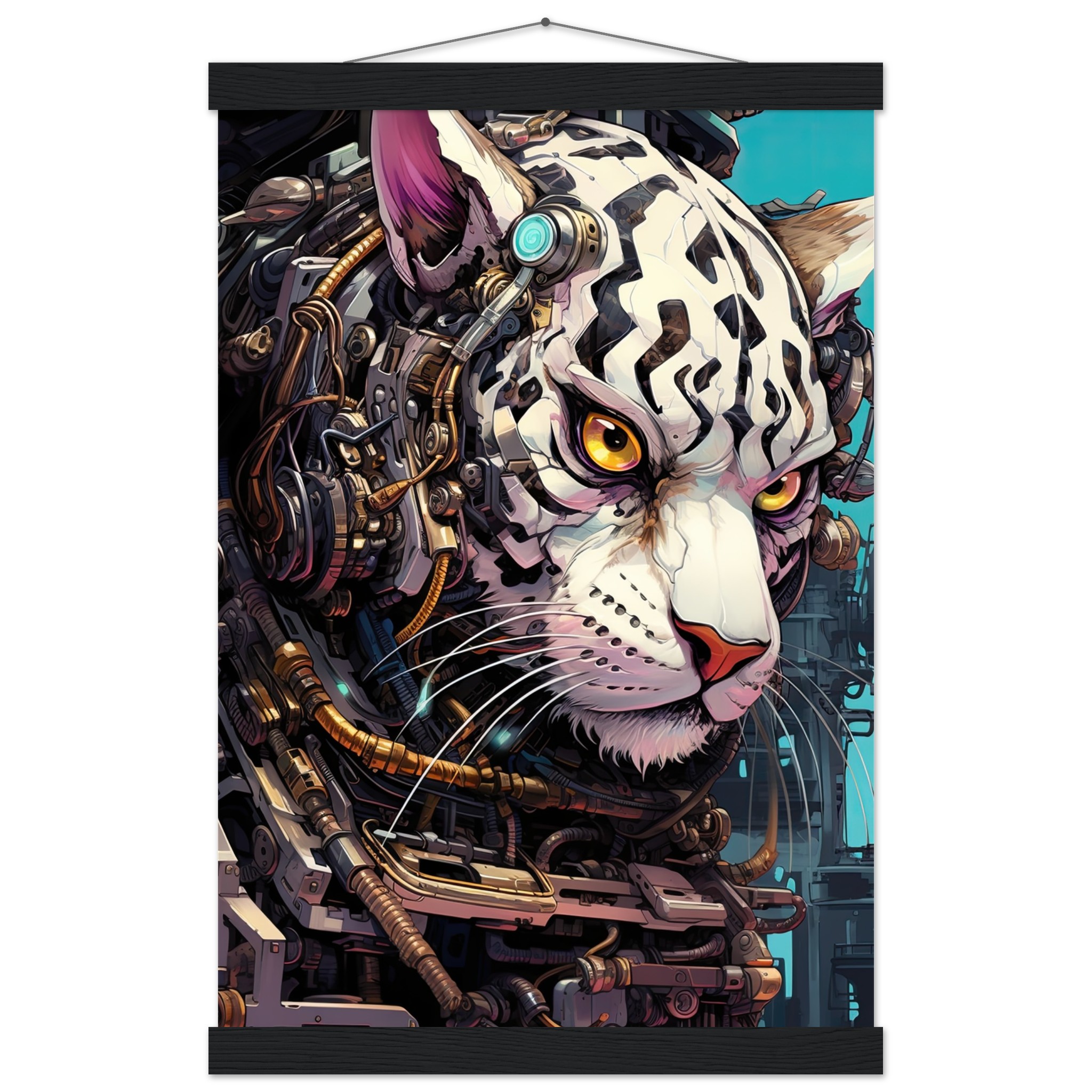 Cybernetic White Tiger Hanging Print – 30×45 cm / 12×18″, Black wall hanger