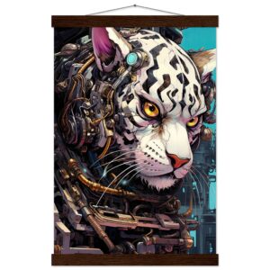 Cybernetic White Tiger Hanging Print - 30x45 cm / 12x18″, Dark wood wall hanger