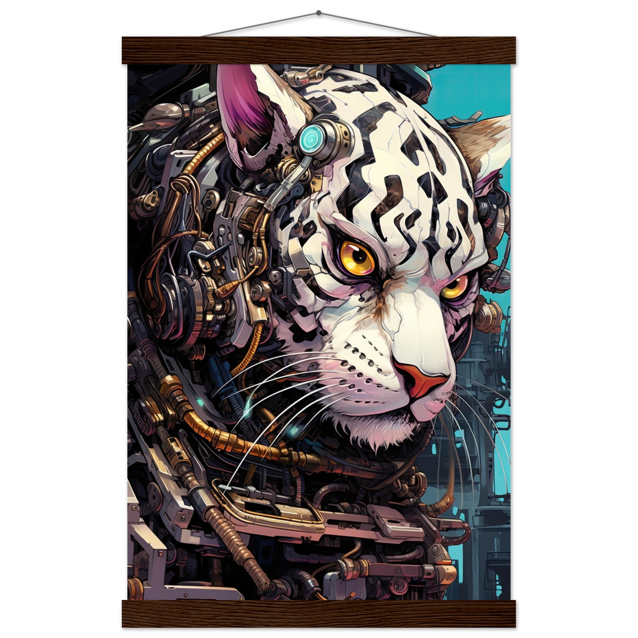 Cybernetic White Tiger Hanging Print – 30×45 cm / 12×18″, Dark wood wall hanger