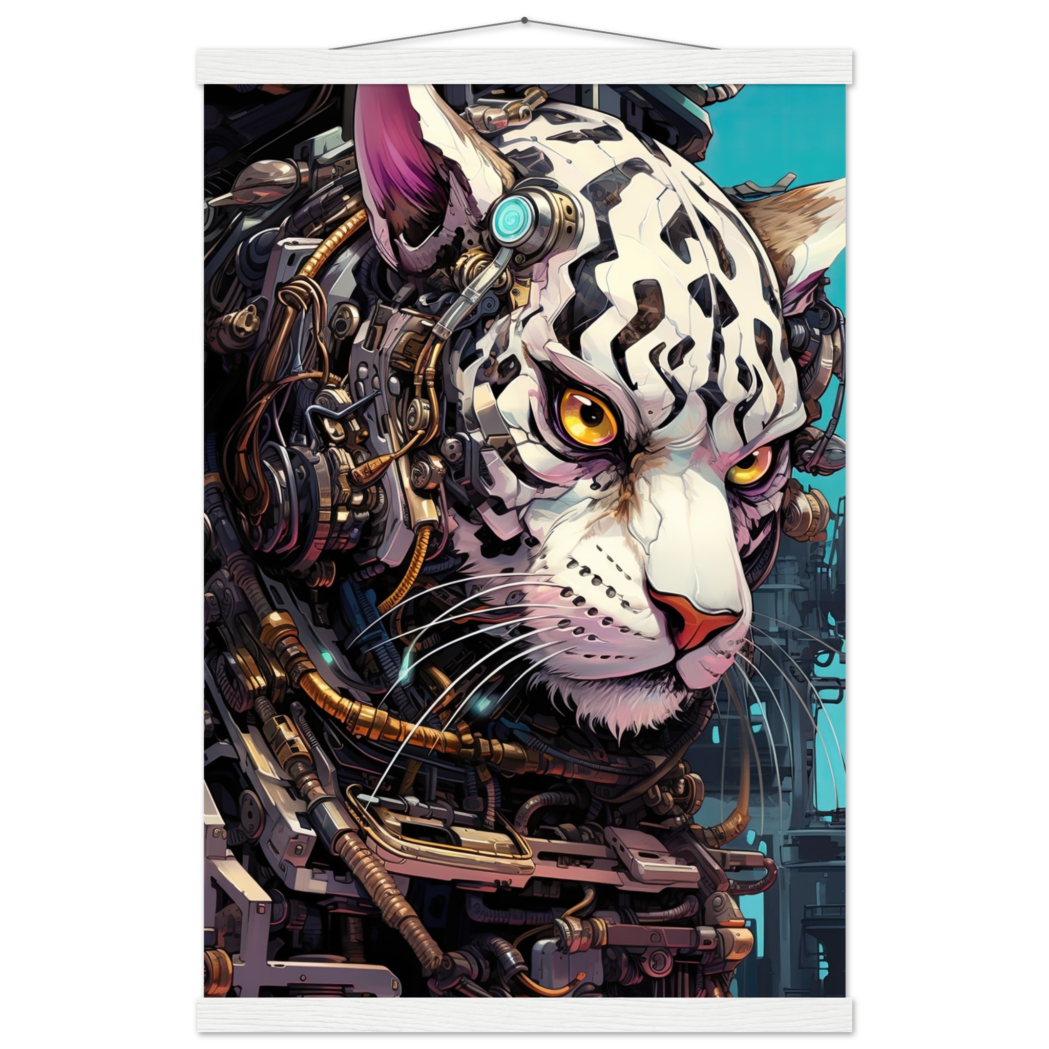 Cybernetic White Tiger Hanging Print – 40×60 cm / 16×24″, White wall hanger