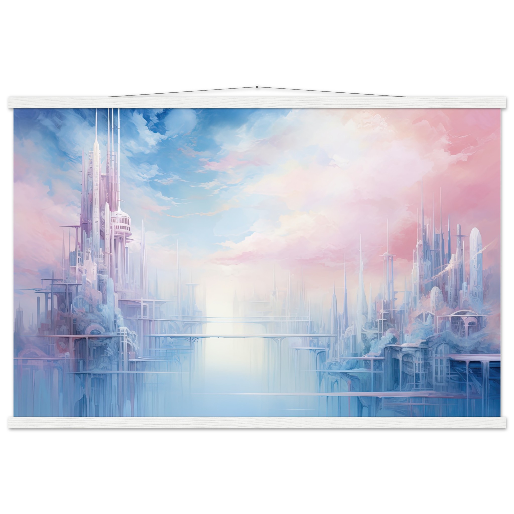 Pastel City in the Clouds Hanging Print – 60×90 cm / 24×36″, White wall hanger