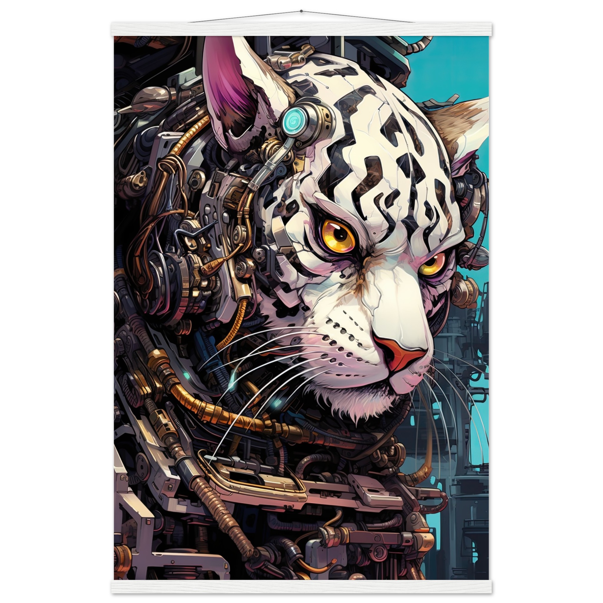 Cybernetic White Tiger Hanging Print – 60×90 cm / 24×36″, White wall hanger