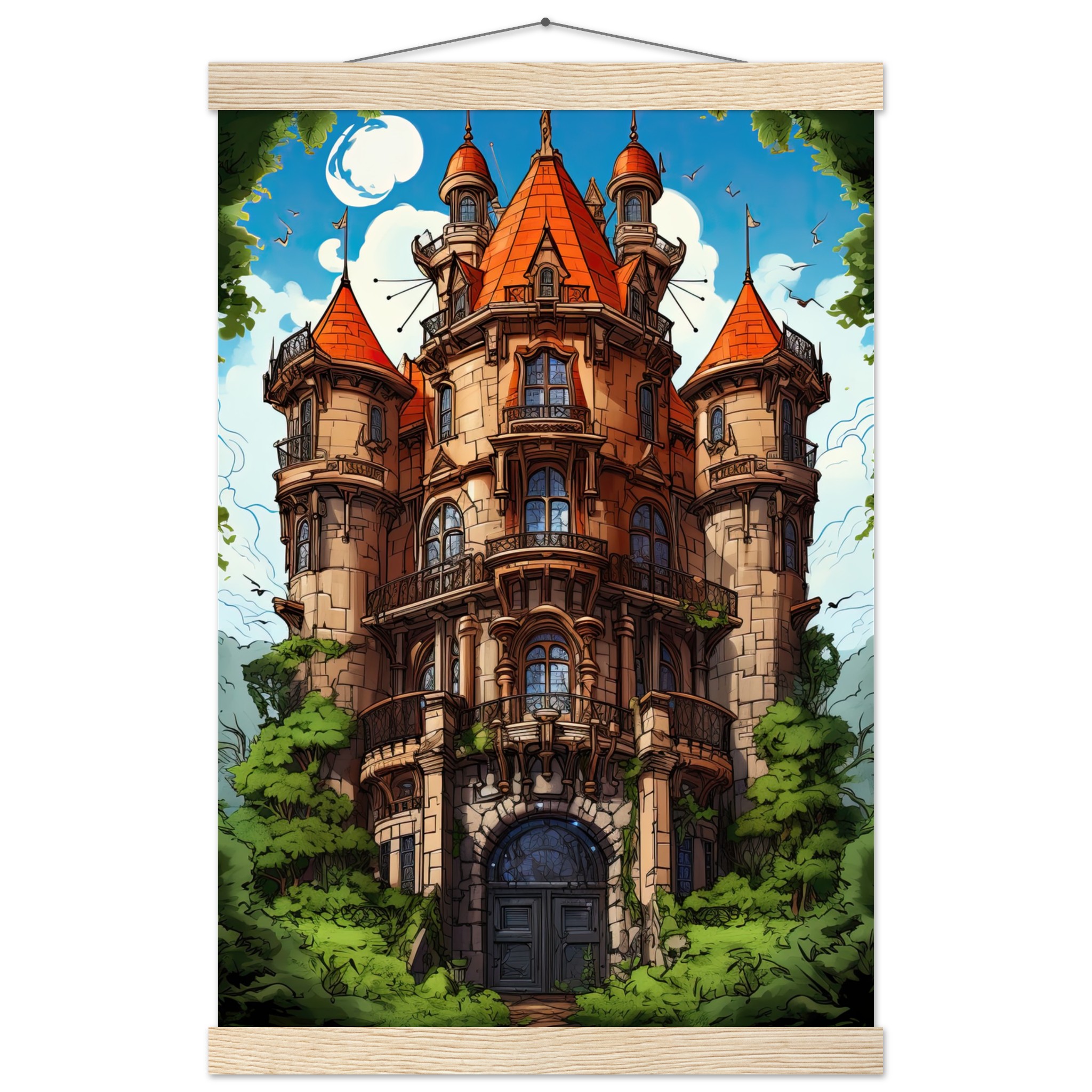 Chateau in the Woods Hanging Print – 30×45 cm / 12×18″, Natural wood wall hanger