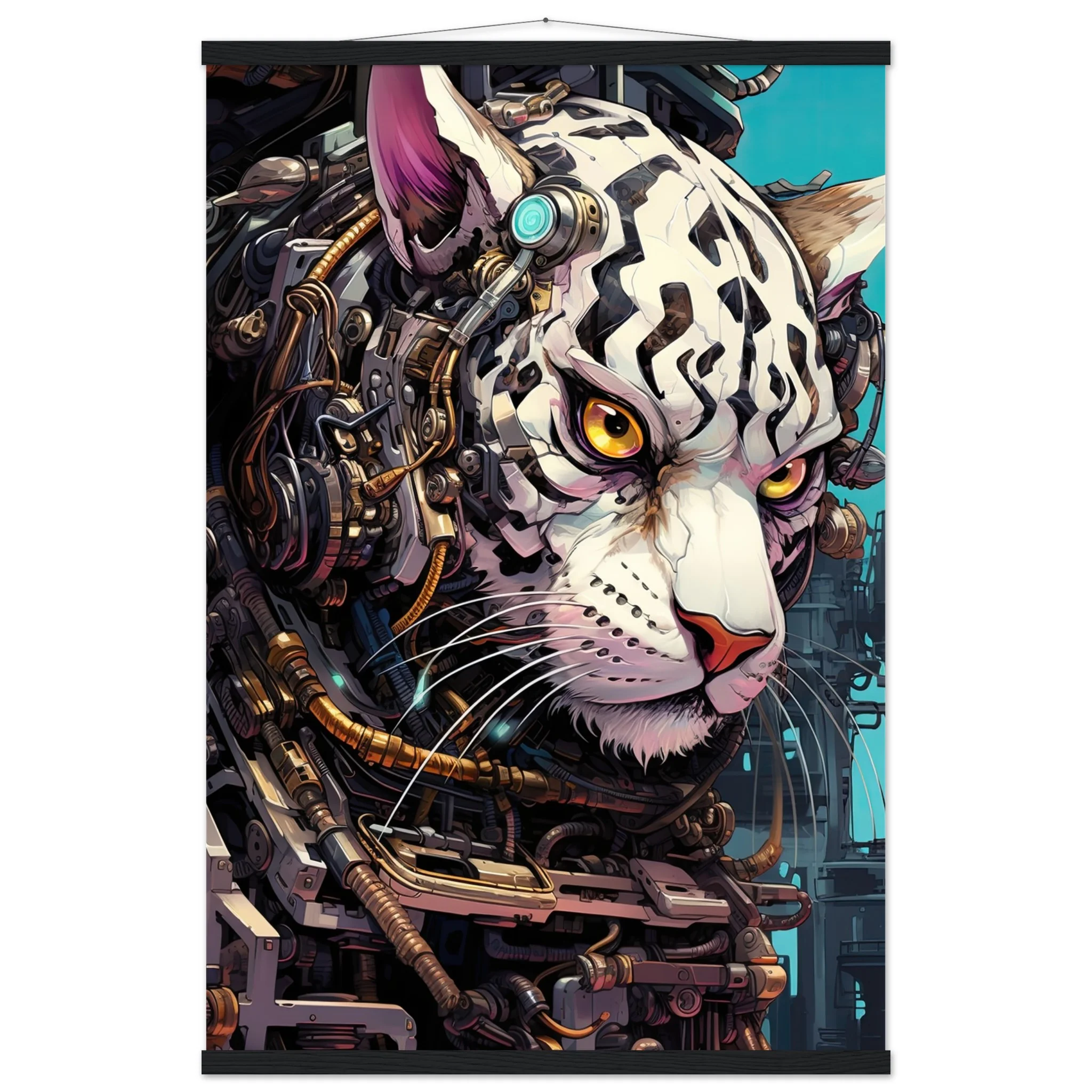 Cybernetic White Tiger Hanging Print – 60×90 cm / 24×36″, Black wall hanger